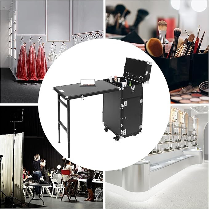 Makeup Case, Rolling Manicure Table Foldable Nail Desk Travel Cosmetic Trolley Multifunctional Cosmetic Tool Box Rolling Makeup Cases w/4 Removable Drawers for Hair Pet Groomer Stylist