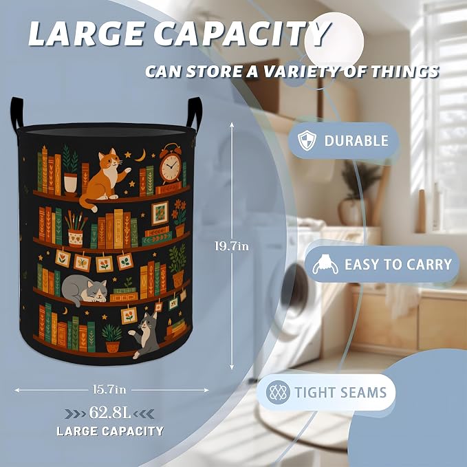 Vintage Cat Bookshelf Laundry Basket, Retro Book Clock Floral Star Storage Hamper, Round Collapsible Waterproof Cloth Bin, 19.7x15.7 Inch Cute Clothes Organizer Gifts for Bathroom Decor