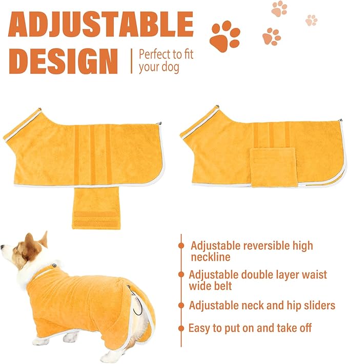 Dog Robe - Fast Drying Towel - Microfiber Super Absorbent Pet Bathrobe, Adjustable Collar & Belly Strap (Yellow, Small)