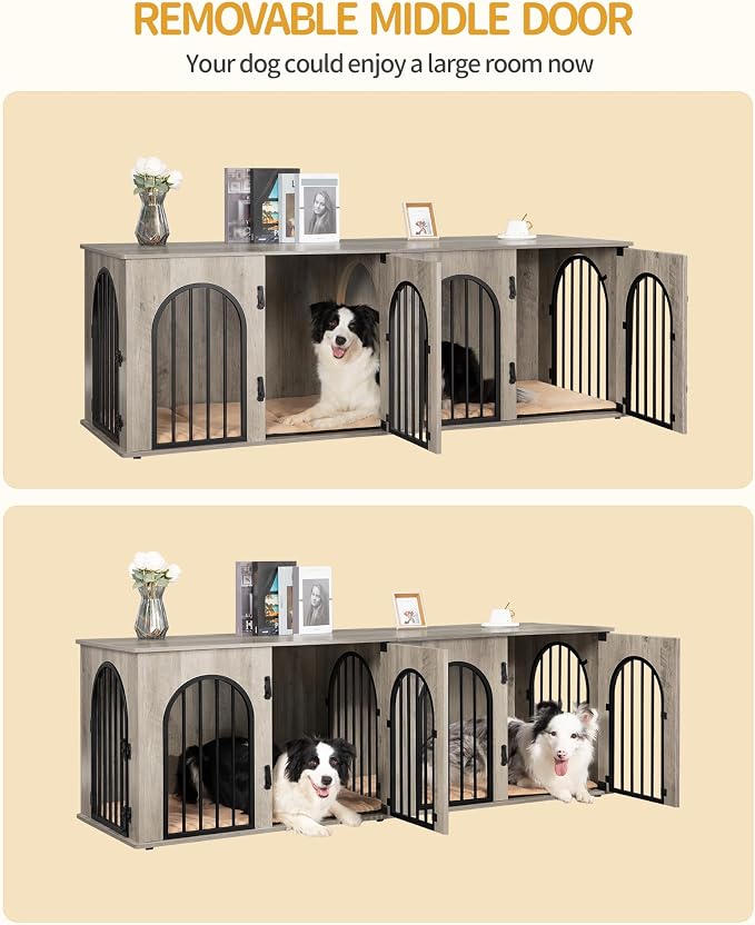 Hzuaneri 70.9" Double Dog Crate Furniture, Dog Kennel Indoor with Cushion | Heavy Duty Dog Crate Furniture for 2 Dogs,Dog Cage End Table TV Stand with Divider for Med-Large Dogs,Greige Black DFC81905B