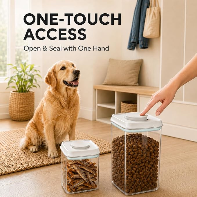 4.2 Qt Airtight Dog Food Storage Container with Scoop, Pop Lid | Includes a 130 ml scoop; clear, stackable BPA-free canister with one-touch pop lid for dry dog kibble, cat food and treats.