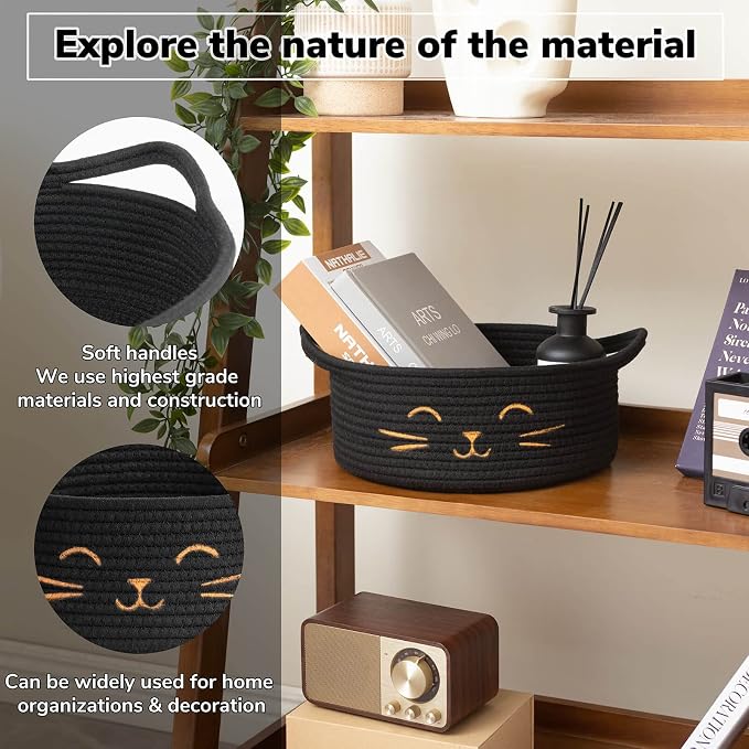 Small Woven Rope Cat Toy Basket with Cat Face Design, Black | 9.8" x 4" Cute Cat Toy Bin & Box for Living Room & Nursery, Boho Gift Basket Empty with Sturdy Handles, Cozy Cats Bed