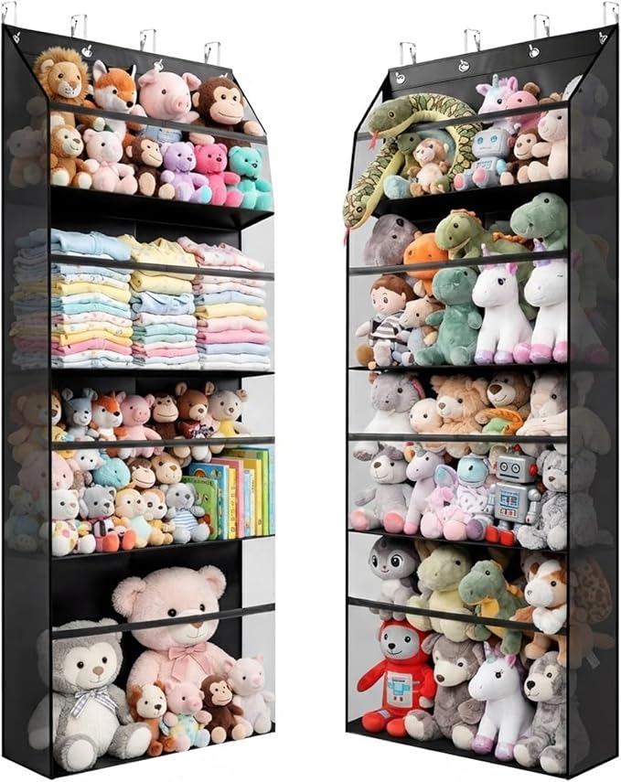 Thickened Plush Toy Storage Rack, Four-Tier Extra-Large Door Back-Hanging Shelf, Oxford Cloth + Transparent Window, for hanging plush toys, also suitable for storing diapers and baby supplies, Black
