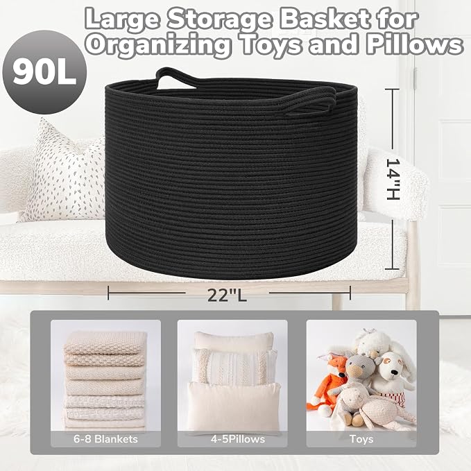 Goodpick Large Woven Dirty Clothes Basket for Nursery & Living Room, 85L | 21.7 x 21.7 x 13.8 In Storage Basket for Nursery, Blanket Basket for Towels Clothes, Black