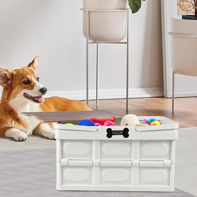 Collapsible Dog Toy Basket with Handles, Portable Dog Stuff Organizer, Outdoor Storage Box with Table Function, Ideal for Car Trunk, RV Trip, Picnic