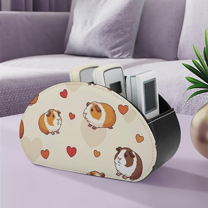 TV Remote Controllers Holder Cute Guinea Pig Pets Bedside Table Organizer | Desktop Storage Caddy Box, Cute Guinea Pig Pets, Pu Leather, 5 Compartments for Controller, Media Player