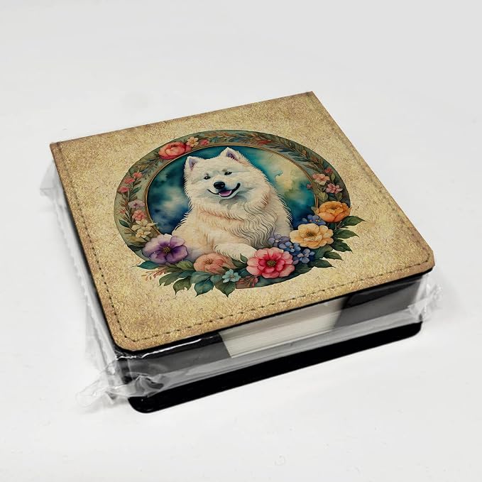 Caroline's Treasures Samoyed and Flowers PU Leather Note Paper Holder with Artist-Designed Cover, Desk Accessory, Office Gift