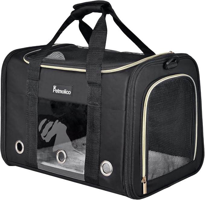 Petmolico Cat Carrier Soft-Sided Airline Approved, Medium,Black | For small/medium cats & puppies up to 16 lbs, 3 open doors, travel-friendly pet bag