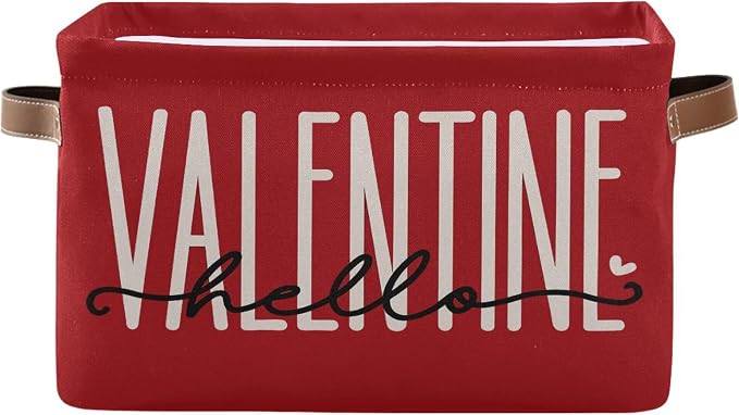 Happy Valentine's Day Red Storage Basket with Waterproof Liner and PU Handles Hello Valentine Love Gift Storage Bins Boxes 14.2" Collapsible Decorative Organizer Baskets for Bedroom Closet 1 Pack