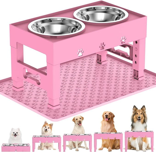 LAKIPETN Elevated Dog Bowls with Mat, Raised Dog Food Bowl Stand with 2 Stainless Steel Bowls, 5 Height Adjustable (3.1", 9", 10", 11", 12") Non-Slip Feeder Set for Medium and Large Dogs – Pink