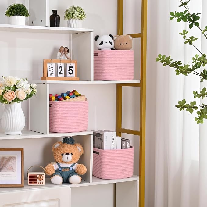 3 Pack Cube Storage Bin, 9”x9”x7” Cotton Rope Woven Baskets for Organizing Toys Clothes Towels, Square Gift Storage Baskets for Shelves, Nursery, Closet, Bathroom, Pantry (Pink)