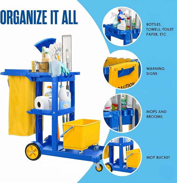 Cleaning Cart, Janitorial Cart, Cleaning Caddy with Wheels, Maid 440 LB | Houseables for Housekeeping, Janitor, Custodian, House Keeping, Maintenance, Rolling Supply Organizer, Custodial, Commercial