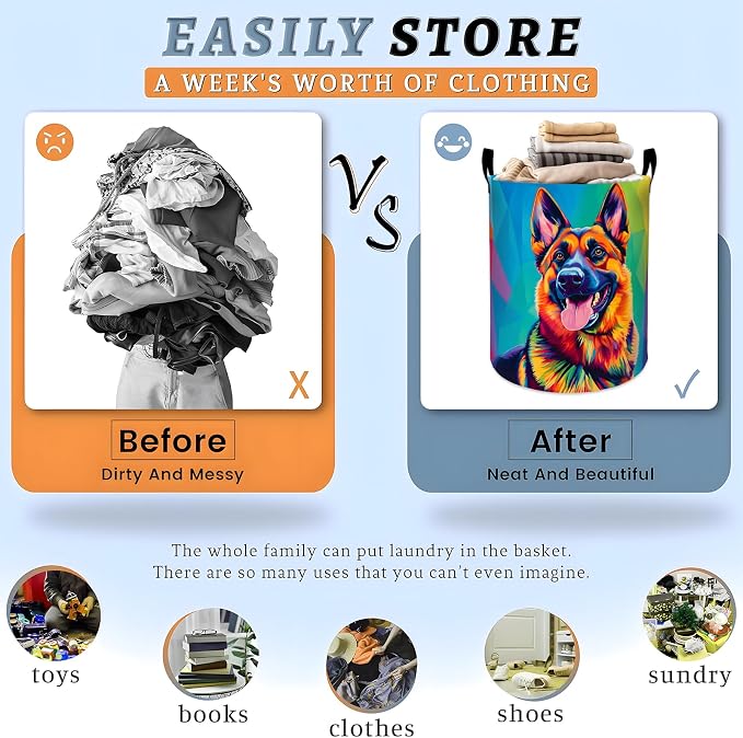 Colorful German Shepherd Laundry Basket, Cute Puppy Pet Dog Storage Hamper, Round Collapsible Waterproof Cloth Bin, 19.7x15.7 Inch Cartoon Art Clothes Organizer Gifts for Bathroom Decor