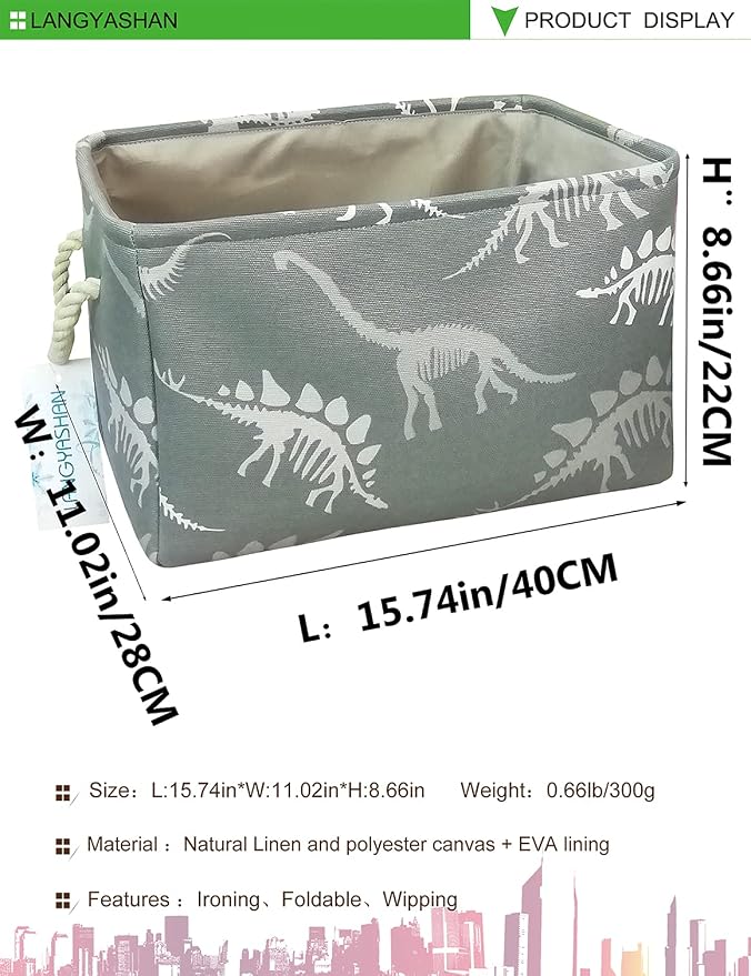 Rectangular Thick Storage Bin Household for Closet Kitchen Office Dinosaur | Foldable Space Saving Canvas Fabric Laundry Hamper with Handles Organizer for Boys Girls Bedroom Shelf Gifts Baskets