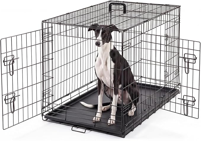 DUMOS Dog Crate 36 Inch, Foldable Small Medium Dog Cage Pet Kennel | Double Door Metal Wire, Plastic Leak-Proof Pan Tray, Portable Indoor Outdoor Training Travel