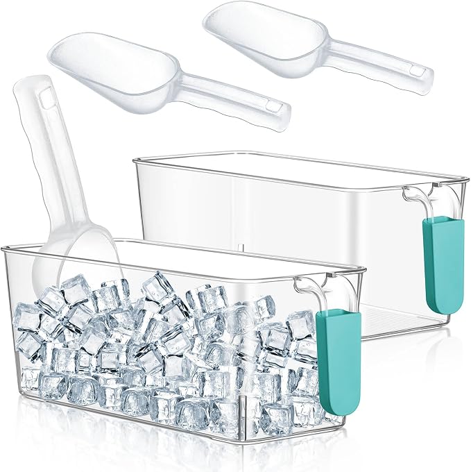 Havawish Ice Storage Bin and Flexible Scoop Set Plastic Freezer Bin | Freezer Ice Bin Scoop, Clear Bucket Container, Pull Handle, Flexible Storage, 10.83 X 4.92 X 4.33 in
