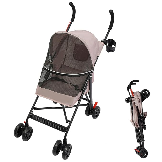 Pet Stroller for Small Medium Dogs Up to 22lbs, 4 Wheels Folding Pet Carriage Cart for Dogs Cats, Portable Cat Puppy Jogging Stroller with Rear Pocket and Cup Holder (Pink)