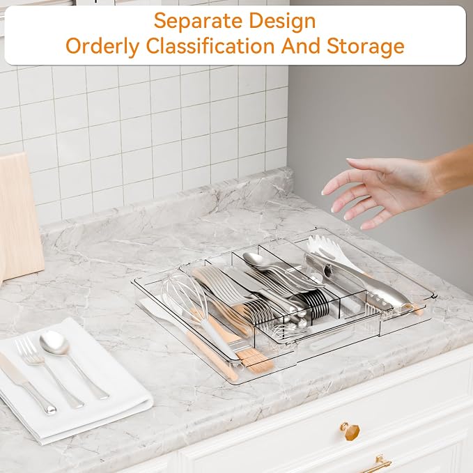Clear Expandable Silverware Drawer Organizer,9.4-15.6In Adjustable Silverware Tray for Drawer,Acrylic Kitchen Utensil Drawer Organizer for Cutlery,Flatware Organizers and Fork and Spoon Holder