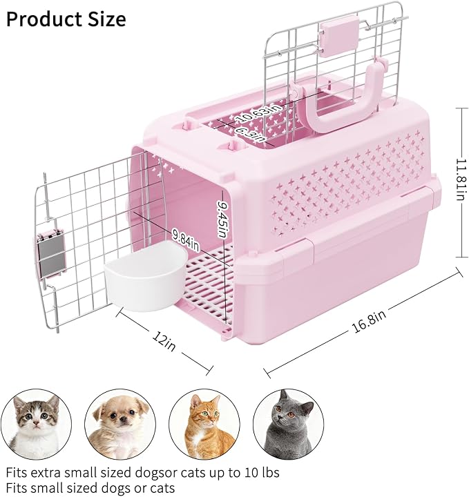 XS Hard Pet Carrier: Travel Crate for Small Cats & Dogs 10 lbs | Secure Locking Wire Door / Compact 16.9" x 12" x 11.8" / Multi-Side Ventilation / Lightweight Shell / Includes Food Bowl