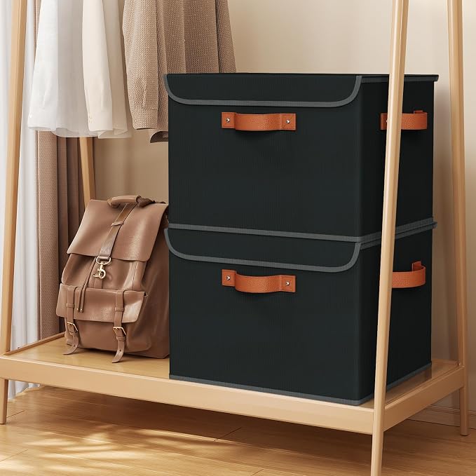 Univivi Fabric Storage Cubes with Lids, Stackable Storage Box, Black, 3 PCS | Heavy Duty, Large Capacity, Leather Handle, Oxford Fabric, Sturdy PP Board, Storage Bins for Bedroom, Closet, Nursery, Office