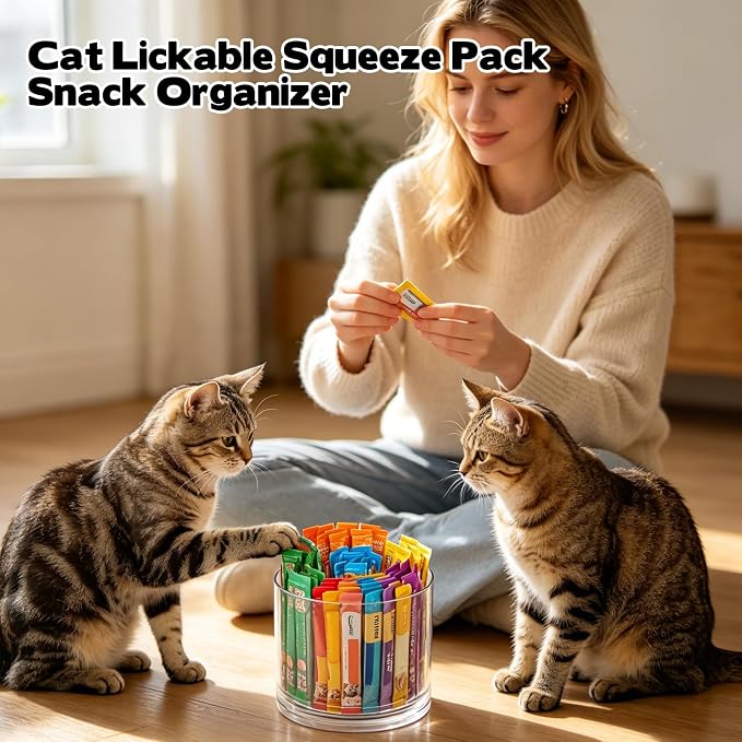 Lickable Cat Treats Organizer, Rotatable Acrylic Squeeze Up Cat Food Storage Container with 5-compartment Storage for Pet Treats, Wet Cat Treats Storage for Kitchen Cabinet Pantry Shelf Countertop
