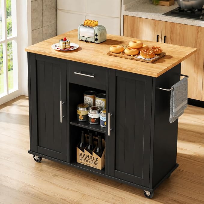 JY QAQA 42" Kitchen Island with Storage on Wheels, Rolling Table with Drop Leaf, Drawers, Cart Handle for Towel Rack or Free Movement, Black