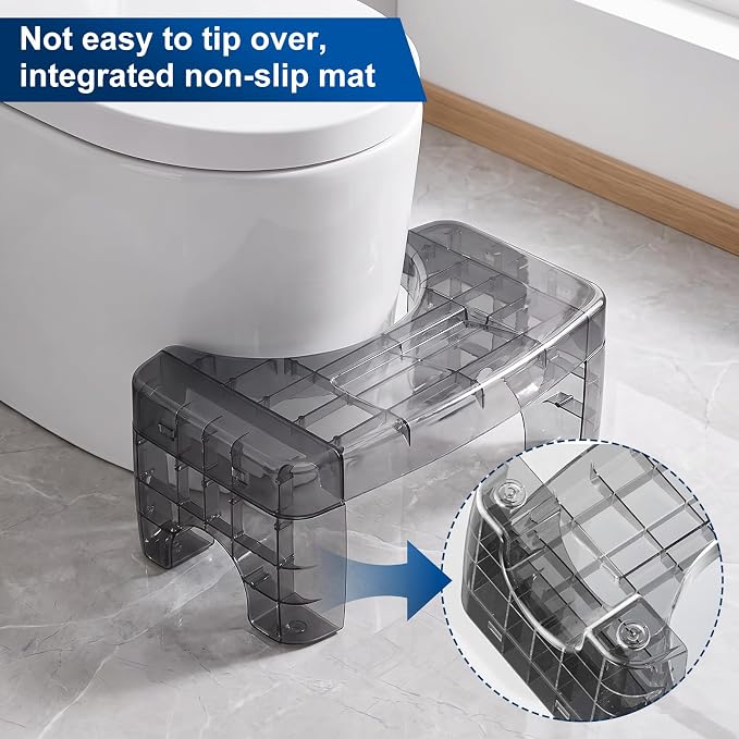 Folding Black Toilet Stool Squat Adult Bathroom Step Stool with Storage | Acrylic, Shatterproof & Heavy Duty, Built-in Phone Storage Slot, Bathroom & Toilet, Adults & Elderly