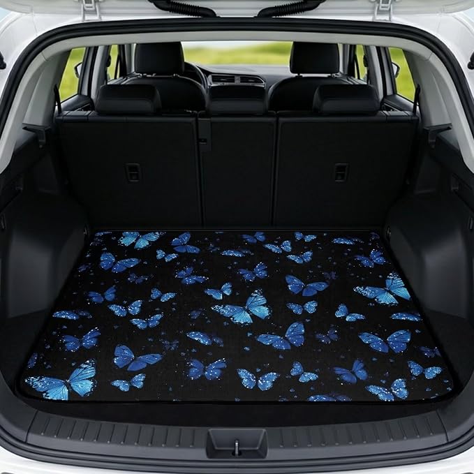 Butterfly Print Universal Car Trunk Mat 29" x 39", All Weather Non Slip Cargo Liner for SUV Truck, Washable Durable Pet Friendly Dark Blue Rear Cargo Protection