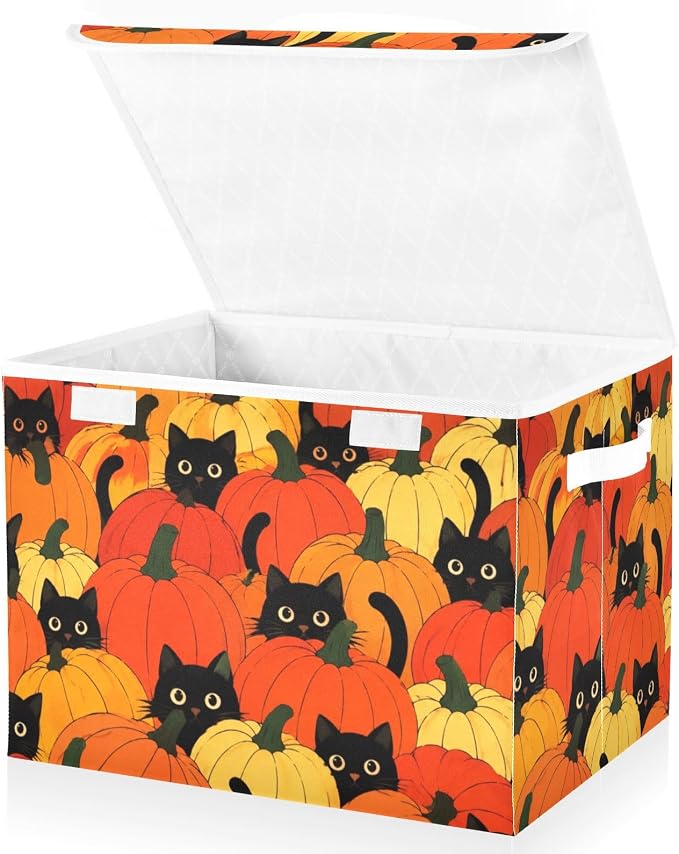 Pumpkin Cat Fabric Storage Bins with Lid Foldable Storage Boxes 40L Baskets | Foldable & Stackable, Flip Top Dust Guard, Reinforced Handles, Home & Bedroom, Clothes & Toys, Oxford Print Basket