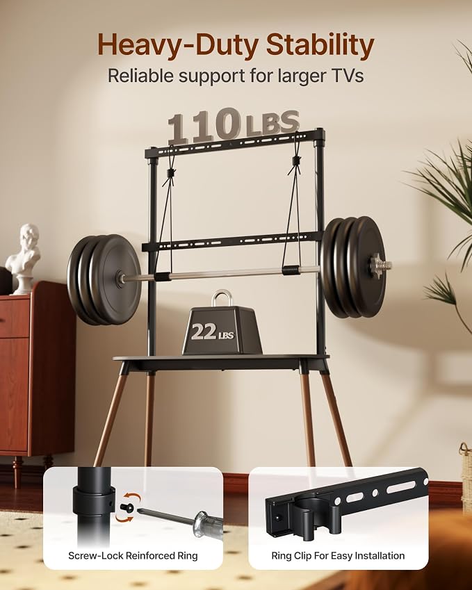 4-Leg Easel TV Stand for 49-86" TVs, 110 lbs, Black | Height-adjustable floor TV stand, storage shelf, cable management and protective pads for living room, office or school