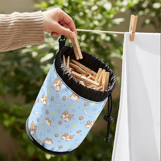 Clothespin Storage Bag with Hooks & Drawstring Closure Corgi Pet Paw Space Saving Organizer for Clothes Pins, Hangs on Clothesline/Drying Rack