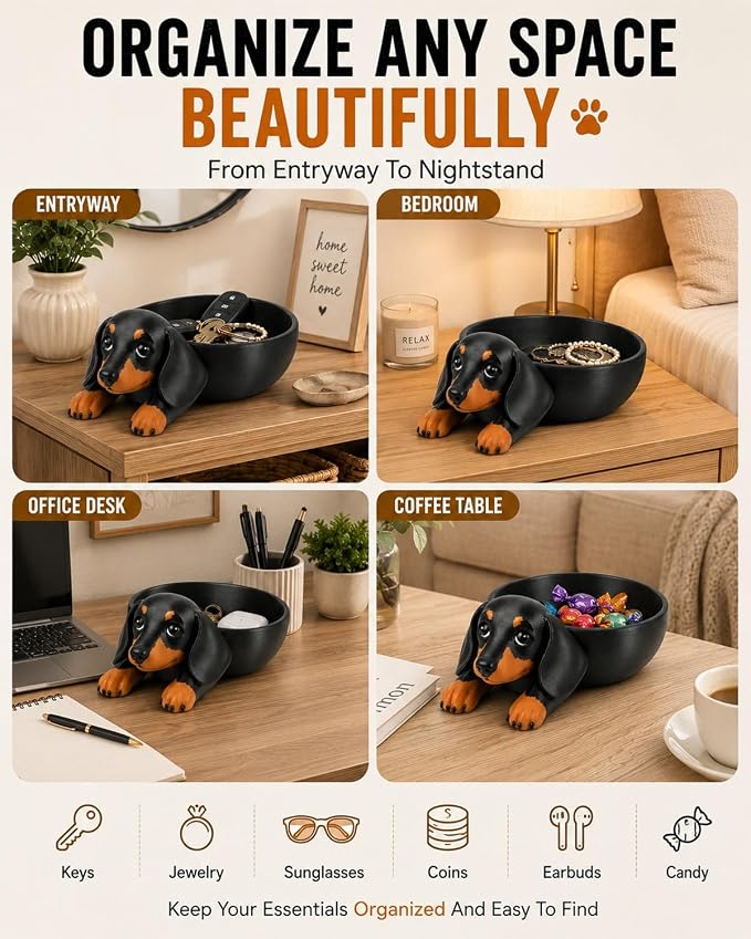 Dachshund Catch All Tray 3D Printed Decorative Dog Shaped Desk Organizer | Cute Wiener Storage Bowl Keys Jewelry Coins Trinket Candy Dish Home Decor Gift Pet Lover Entryway Nightstand(1PC)