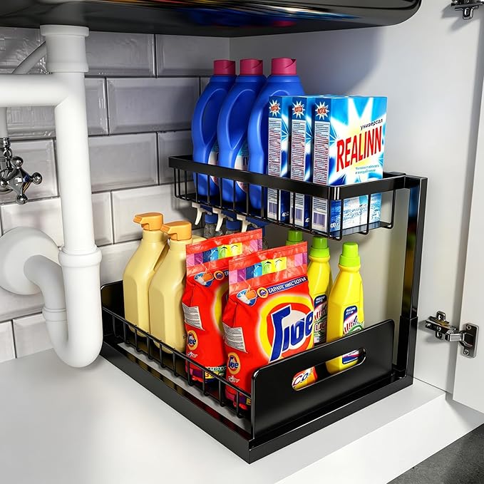 Under Sink Organizer, L-Shaped Pull Out Cabinet Organizer, Kitchen | 2 Tier Metal Slide Out Shelf for Kitchen, Bathroom, Laundry, and Utility Cabinet Storage for Deep Cabinets, Black, 1 Pack