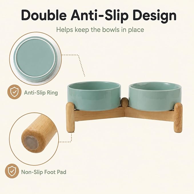 Havniva Ceramic Dog Bowls Elevated, Raised Dog Food Bowl for Puppies | 5.1” Elevated Dog Bowls, Non-Slip Wood Stand, Dog Food and Water Bowl Set, Dog Feeding Dish, Large Capacity Pet Water Bowl