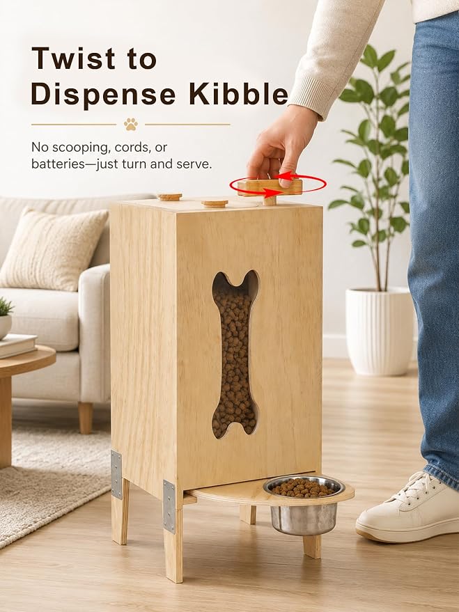 Wooden Dog Food Dispenser with Raised Bowl, Up to 30 lb Kibble Storage | Wooden Kibble Dispenser with Twist Knob. Furniture-Style Cabinet Stores Dry Food and Includes a Raised Steel Bowl.