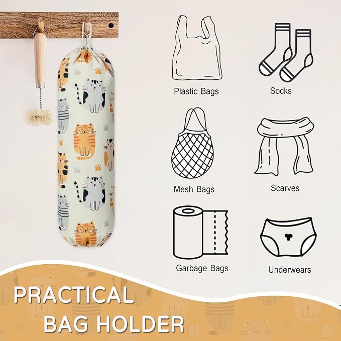 Plastic Bag Holder, Reusable Grocery Bag Holder for Plastic Bags Groceries Store, Flower Canvas Trash Plastic Bag Organizer Storage Holders for Home Kitchen Pantry Decor (Pretty Cat)