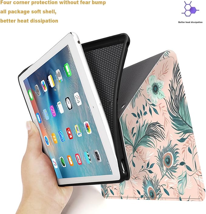 Tablet Case for iPad Air 13" M3/M2,iPad Pro 12.9" 6th/5th/4th/3rd Generation,Shockproof Protective Cover with Stand,Auto Wake/Sleep,Peacock Feather Flower