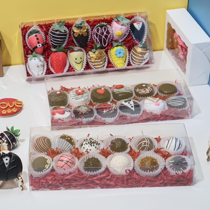 24PCS 12x5x2 Inches Clear Valentines Strawberry Boxes for Party Favors | Clear Gift Boxes for Cookie,Macaron Strawberry,Dessert,Jumbo Cards and More