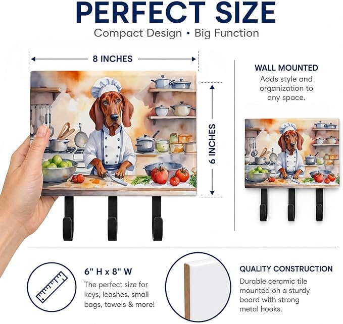 Caroline's Treasures Redbone Coonhound The Chef Leash or Key Holder Wall Hooks, Key Hooks Holder, Coat Rack Wall Mount, Coat Hooks, Hooks for Hanging Keys, Towels, Aprons, Leashes | Redbone Coonhound The Chef artwork on ceramic tile with three steel ho...
