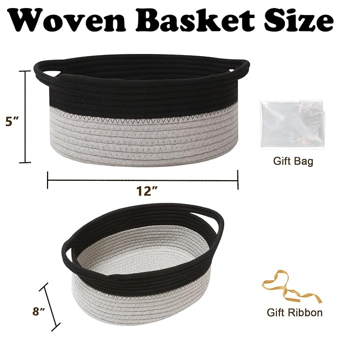 Woven Rope Basket - Baby Gift Basket with Bag & Ribbon, Black&Grey | Cotton rope with handle, 12 x 8 x 5 in, gift bag and ribbon, for baby shower, birthday, toy storage, nursery, shelf decor