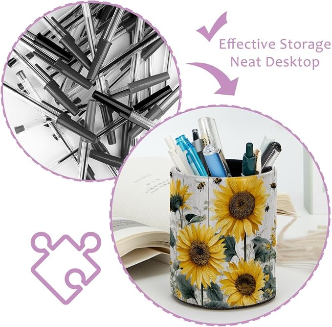 Faux Leather Pen Holder for Desk, Pencil Organizer Retro Wooden Board Sunflowers Pen Cup Desk Decor Makeup Brush Holder Storage for Office Home