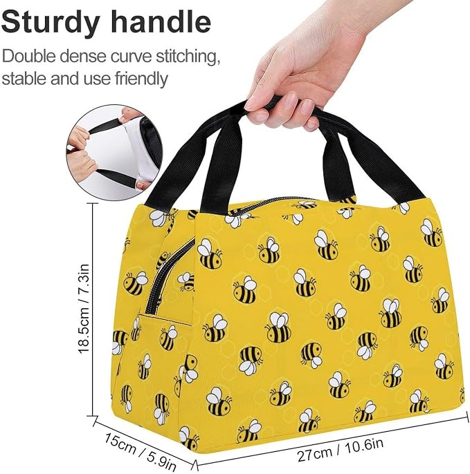 Portable Insulated Cooler Lunch Bag, Yellow Bees And Honey | Lightweight Food Storage Bags, for Outdoor Activities Office Picnics Vacation, Leakproof and Spacious Camping Bag