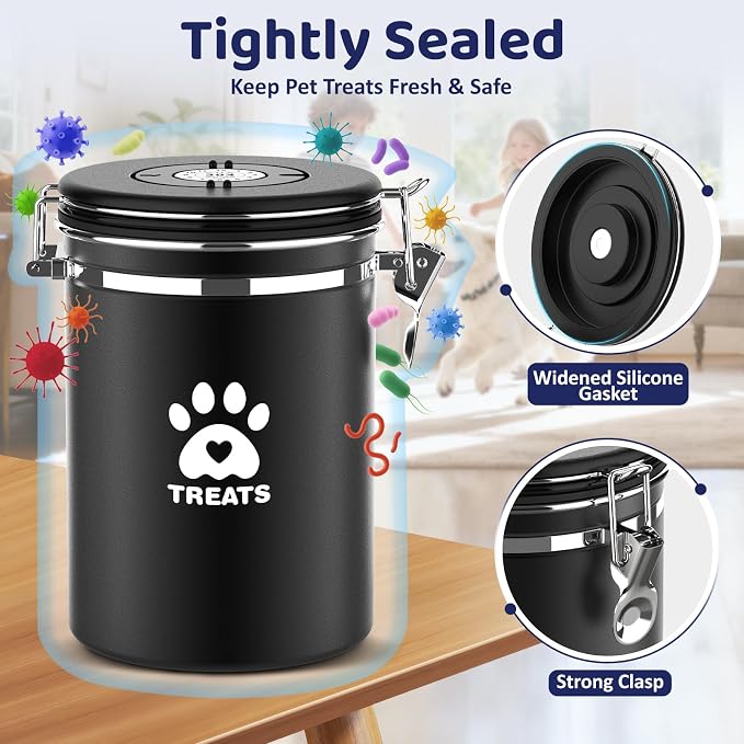 ENONCI Airtight Dog Treat Canister, 304 Stainless Steel Food Storage Jar with Date Dial Black-1.8L