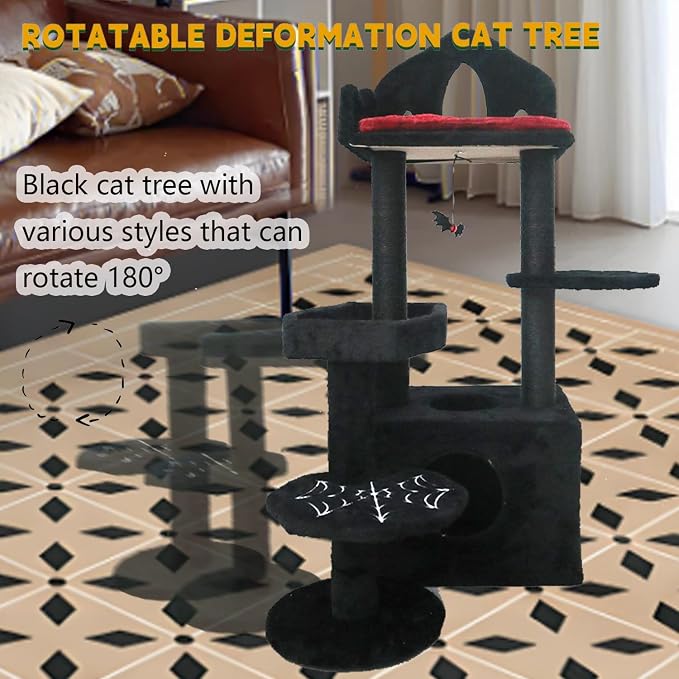 Gothic Cat Tree with Coffin Bed, Cat Tower with Scratching Post, Goth Cat Tower with Spacious Cat Condo Black Cat Tree with Regal Throne Bed, Black Spider Figurine