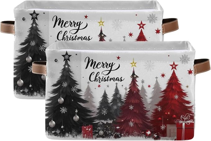 Christmas Tree Storage Basket with Waterproof Liner and PU Handles Xmas Winter Gray Black Red Snowflake Storage Bins Boxes 14.2" Collapsible Decorative Baskets for Bedroom Closet Office 2 Pack