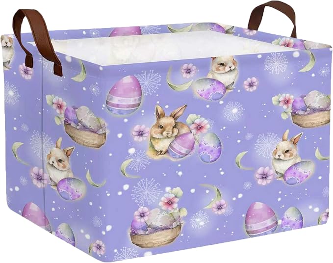 Large Rectangular Easter Baskets Empty Waterproof Boy Toy Box Foldable Kid's Gifts Storage Bin Spring Room Decor(Purple Fireworks Rabbit Egg)
