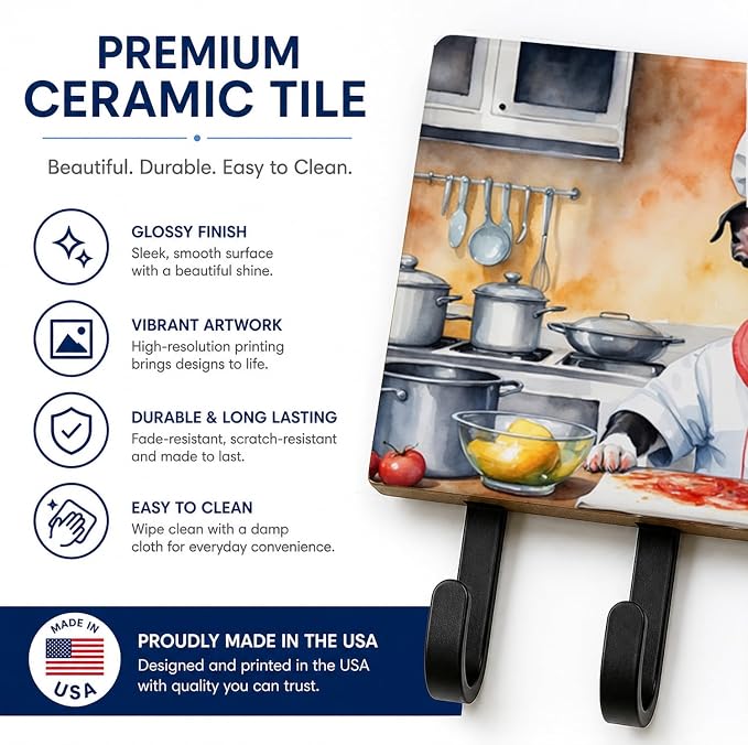 Caroline's Treasures Boston Terrier The Chef Leash or Key Holder Wall Hooks, Key Hooks Holder, Coat Rack Wall Mount, Coat Hooks, Hooks for Hanging Keys, Towels, Aprons, Leashes | Boston Terrier The Chef artwork on ceramic tile with three steel hooks fo...