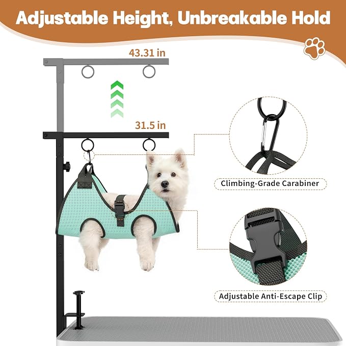 Dog Grooming Table Arm, 31.5"-43.3" Adjustable Pet Stand with Hammock & Clips – 3-in-1 Grooming Kit for Nail Trimming, Haircut & Drying, Home Supplies for Small Dogs