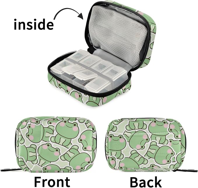 Pill Case 7 Day Pill Organizer Cute Frog Animal Travel Pill Case Portable Weekly Pill Box Bag Container Vitamin Supplement Holder with Zipper for Family Business