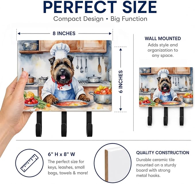 Caroline's Treasures Bouvier des Flandres The Chef Leash or Key Holder Wall Hooks, Key Hooks Holder, Coat Rack Wall Mount, Coat Hooks, Hooks for Hanging Keys, Towels, Aprons, Leashes | Bouvier des Flandres The Chef artwork on ceramic tile with three st...